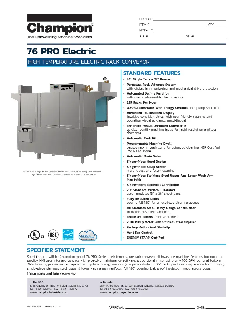 Champion 76 PRO Pro Series Conveyor Dishwasher
