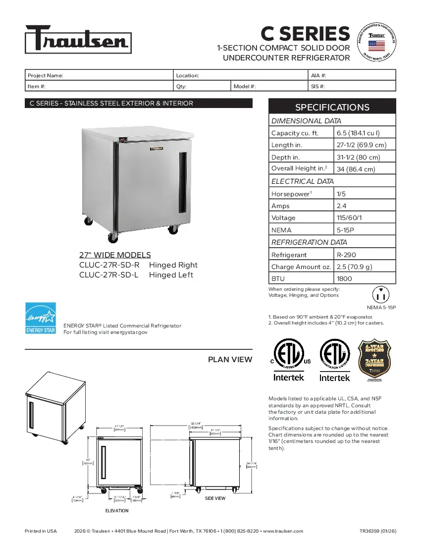 traulsen-cluc-27r-sd-rspecsheet.pdf