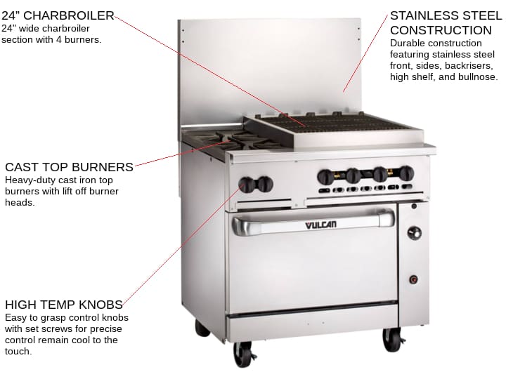 Vulcan 36S-2B24CBN Restaurant Gas Range, with 2 Burners (1) 24 Charbroiler and Standard Oven - 135,000 BTU