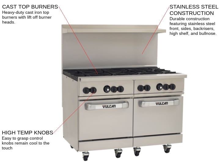 Vulcan 48SS-8B Restaurant Gas Range, 48 W with 8 (2) Standard Ovens and Thermostatic Controls, - 286,000 BTU