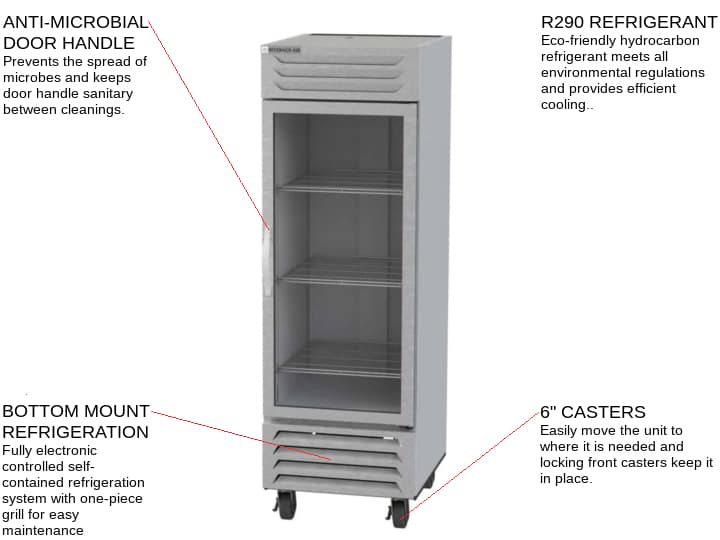 Beverage Air FB23HC-1G 27.25'' 22.5 cu. ft. Bottom Mounted 1 Section Glass Door Stainless Steel and Aluminum Reach-In Freezer