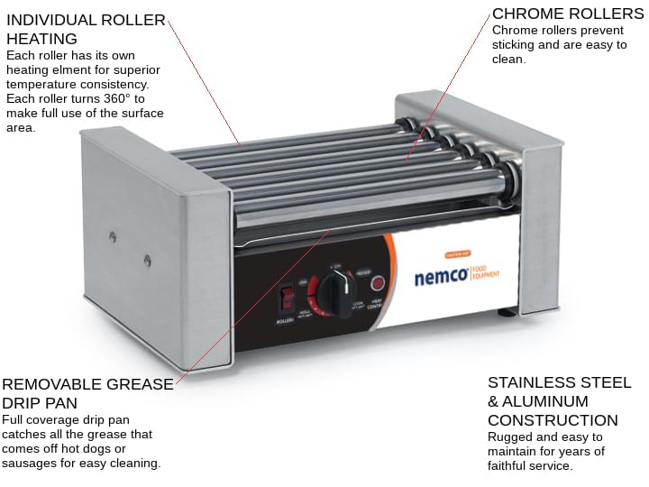 NEMCO 8045W-220 Roll-A-Grill® 35.50'' Countertop Hot Dog Roller Grill with Individual Controls, 220 Volts