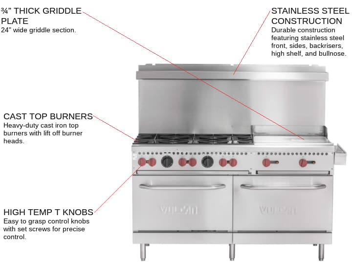 Vulcan SX60F-6B24GN Restaurant Gas Range, 60 W with 6 Burners (1) 24 Griddle and (2) Standard Ovens - 258,000 BTU