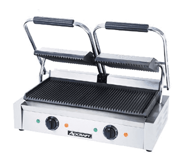 Admiral Craft SG-813 Sandwich / Panini Grill, Dual, with 19" x 9-1/4" Grooved Cast Iron Cooking Surface - 120 Volts Admiral Craft SG-813 Sandwich / Panini Grill, Dual, with 19" x 9-1/4" Grooved Cast Iron Cooking Surface - 120 Volts