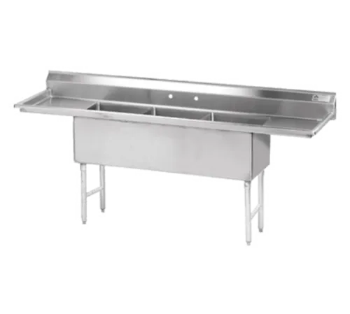 Advance Tabco FS-3-2024-24RL Commercial Sink, (3) Three Compartment, 14 Gauge Stainless Steel Construction with Stainless Steel Legs and with 2 Drainboards - 108" W