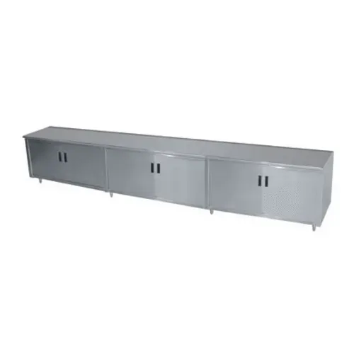 Advance Tabco HB-SS-3612 Enclosed Base Work Table, with 14 Gauge Type 304 Stainless Steel Top, Hinged Doors and without Backsplash - 144"W x 36"D x 35.5"H