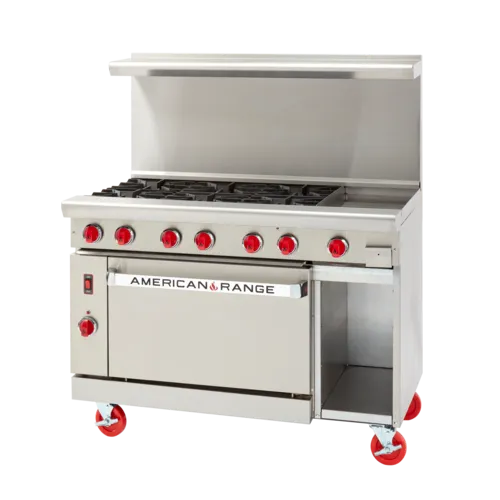 American Range American Range
ARGF-12G-6B-126L-SBR
Restaurant Gas Range,
48" W
with 


and Controls,
-