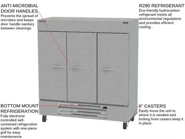 Beverage Air HBR72HC-1 75'' 68.93 cu. ft. Bottom Mounted 3 Section Solid Door Reach-In Refrigerator