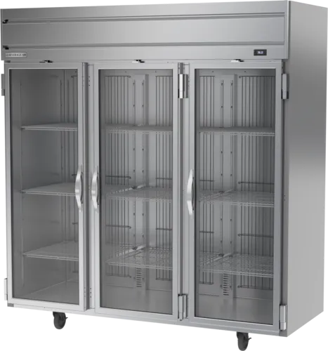 Beverage Air HRPS3HC-1G 78.00'' 71.52 cu. ft. Top Mounted 3 Section Glass Door Reach-In Refrigerator