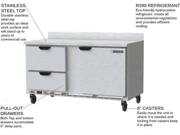 Beverage Air WTRD60AHC-2 60'' 1 Door 2 Drawer Counter Height Worktop Refrigerator with Side / Rear Breathing Compressor - 17.1 cu. ft.