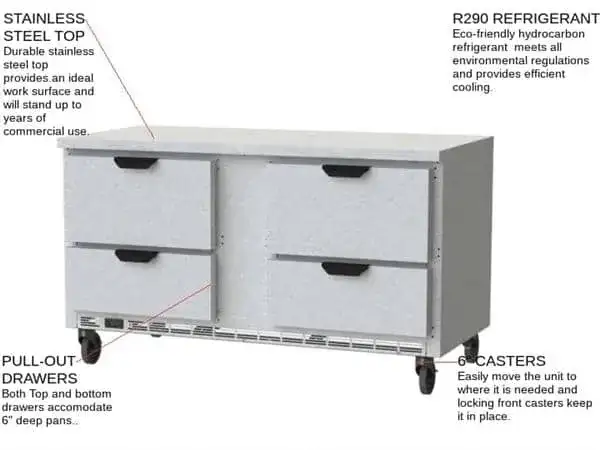 Beverage Air WTRD60AHC-4-FLT 60'' 4 Drawer Counter Height Worktop Refrigerator with Side / Rear Breathing Compressor - 14.75 cu. ft.