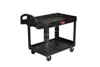 RJ Schinner FG452088BLA-EA Rubbermaid Ergo Handle 2 Shelf Utility Cart Medium Black w/ Lipped Shelf