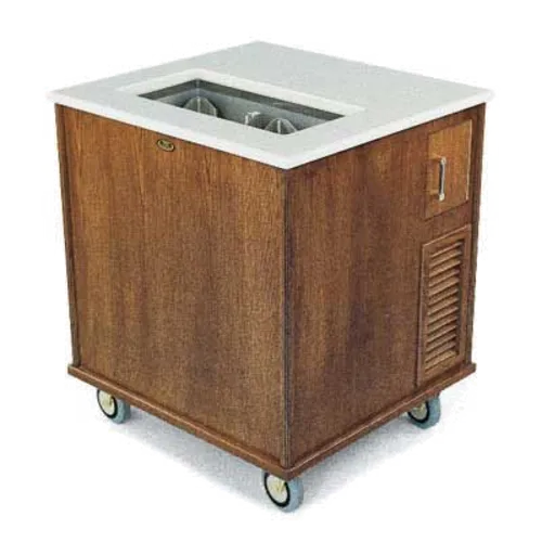 Forbes Industries 5426 Wood Veneer Shielded 2 Stack Refrigerated Mobile Plate Dish Dispenser for 12" dia. Self-Elevating Plates