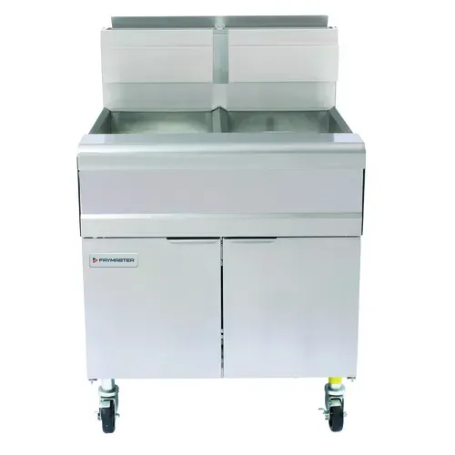 Frymaster MJ250 (2) 50 lb. Frypots Gas Floor Fryer with Millivolt Thermostatic Controls and Built-In Filtration System, 120 Volts - 244,000 BTU