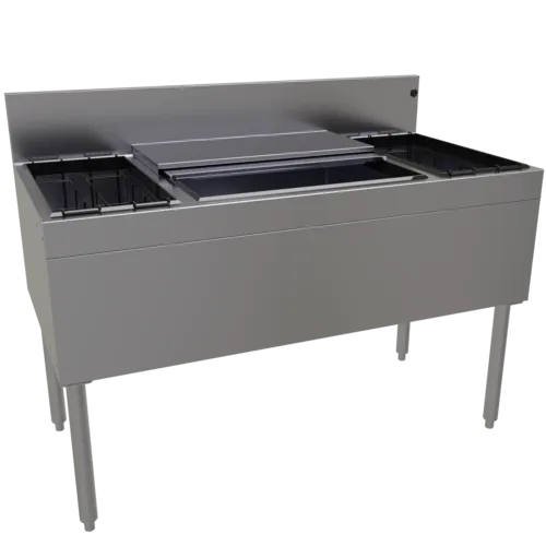Glastender CBB-48-CP10 Underbar Ice Bin/Cocktail Unit, Stainless Steel, 48"W x 24"D with 8-Bottle Storage and 85 lbs. Ice Capacity