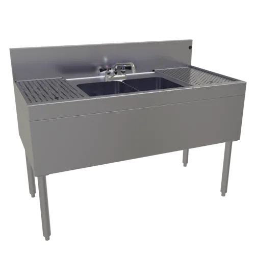 Glastender DSB-48-S Underbar Sink Unit, 2 Compartment, Stainless Steel, with 7"H backsplash and 2 Drainboards / Faucet Included - 48"W x 24"D