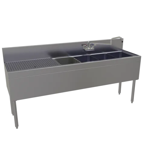 Glastender FSA-72R-S Underbar Sink Unit, 4 Compartment, Stainless Steel, with 7"H backsplash and 1 Drainboard / Faucet Included - 72"W x 19"D