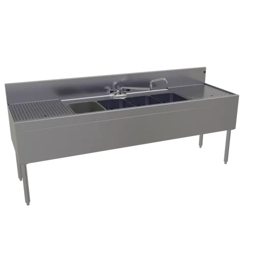 Glastender FSB-84-S Underbar Sink Unit, 4 Compartment, Stainless Steel, with 7"H backsplash and 2 Drainboards / Faucet Included - 84"W x 24"D