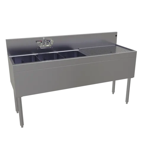Glastender TSA-60L-S Underbar Sink Unit, 3 Compartment, Stainless Steel, with 7"H backsplash and 1 Drainboard / Faucet Included - 60"W x 19"D