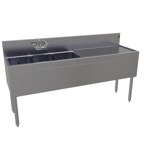 Glastender TSA-66L-S Underbar Sink Unit, 3 Compartment, Stainless Steel, with 7"H backsplash and 1 Drainboard / Faucet Included - 66"W x 19"D