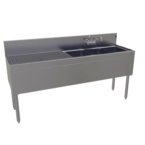 Glastender TSA-66R-S Underbar Sink Unit, 3 Compartment, Stainless Steel, with 7"H backsplash and 1 Drainboard / Faucet Included - 66"W x 19"D