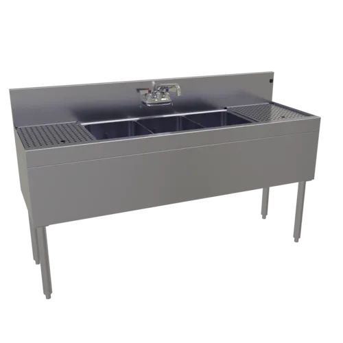 Glastender TSB-60-S Underbar Sink Unit, 3 Compartment, Stainless Steel, with 7"H backsplash and 2 Drainboards / Faucet Included - 60"W x 24"D