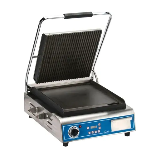 Globe GPGS1410 Sandwich / Panini Grill, Single, with 14" x 10" Grooved Top & Smooth Bottom Cooking Surface - 120 Volts