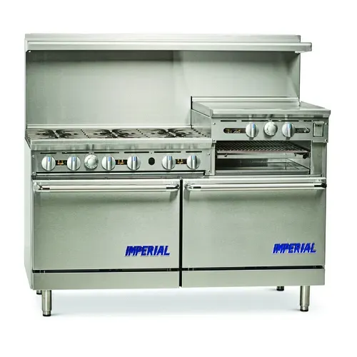 Imperial Imperial IR-6-RG24-C-XB Restaurant Gas Range, 60" W with 6 Burners (1) 24" Raised Griddle/Broiler and (1) Convection Oven & (1) Open Cabinet with Bottom Shelf - 262,000 BTU