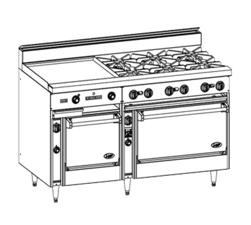 Jade Range JBR-10-2436 Restaurant Gas Range, 60" W with 10 Burners and (1) 24" Space Saver Oven & (1) 36" Standard Oven - 360,000 BTU
