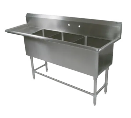 John Boos 43PB184-1D30L Commercial Sink, (3) Three Compartment, 14 Gauge Stainless Steel Construction with Stainless Steel Legs and With Left-hand Drainboard - 88.19" W
