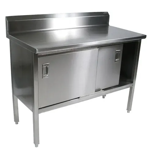 John Boos EBSS4R5-24132 Enclosed Base Work Table, with 14 Gauge Type 300 Stainless Steel Top, Sliding Doors and 5" Backsplash - 132.00"W x 24.00"D x 40.75"H
