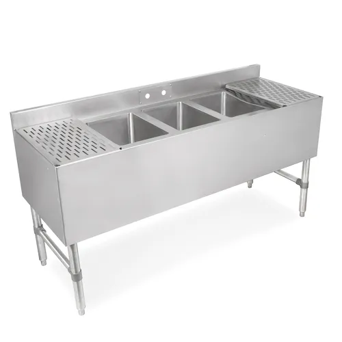 John Boos UBS3-2136 Underbar Sink Unit, 3 Compartment, Stainless Steel, with 3"H Backsplash and 2 Drainboards / Faucet Not Included - 36"W x 21"D