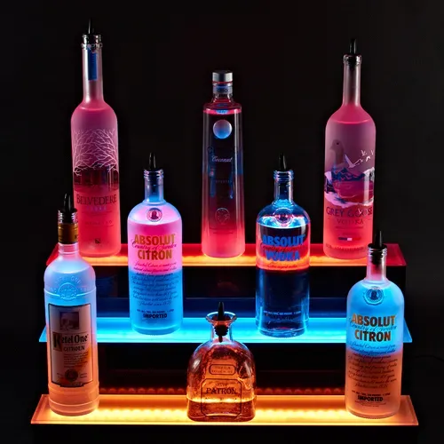Krowne Metal Krowne Metal KR-3T24-R Lighted Liquor Bottle Display, Countertop, 3-Tier with Multi-Color LED Lights, 18 Bottle Capacity - 24"W x 13.5"D x 12"H