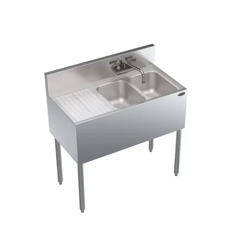 Krowne Metal Krowne Metal KR19-32R Underbar Sink Unit, 2 Compartment, Stainless and Galvanized Steel, with 6-1/2"H Backsplash and 1 Drainboard / Faucet Included - 36"W x 19"D