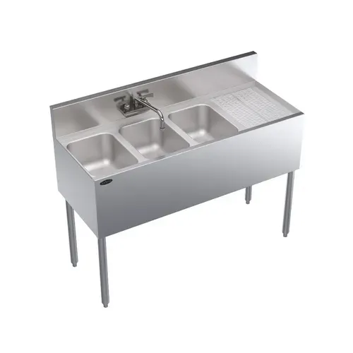 Krowne Metal Krowne Metal KR19-43L Underbar Sink Unit, 3 Compartment, Stainless and Galvanized Steel, with 6-1/2"H Backsplash and 1 Drainboard / Faucet Included - 48"W x 19"D