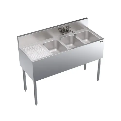 Krowne Metal Krowne Metal KR19-43R Underbar Sink Unit, 3 Compartment, Stainless and Galvanized Steel, with 6-1/2"H Backsplash and 1 Drainboard / Faucet Included - 48"W x 19"D