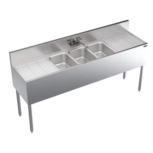 Krowne Metal Krowne Metal KR19-63C Underbar Sink Unit, 3 Compartment, Stainless and Galvanized Steel, with 6-1/2"H Backsplash and 2 Drainboards / Faucet Included - 72"W x 19"D