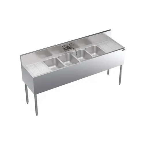 Krowne Metal Krowne Metal KR19-64C Underbar Sink Unit, 4 Compartment, Stainless and Galvanized Steel, with 6-1/2"H Backsplash and 2 Drainboards / Faucet Included - 72"W x 19"D