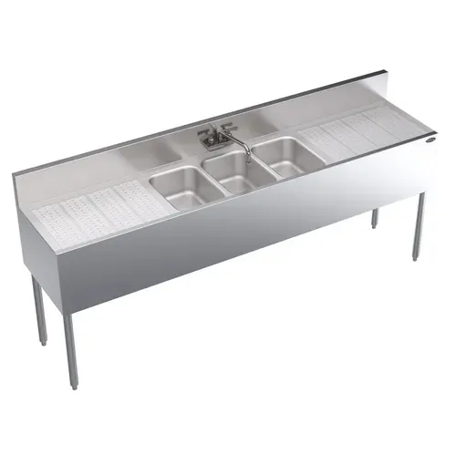 Krowne Metal Krowne Metal KR19-73C Underbar Sink Unit, 3 Compartment, Stainless and Galvanized Steel, with 6-1/2"H Backsplash and 2 Drainboards / Faucet Included - 84"W x 19"D
