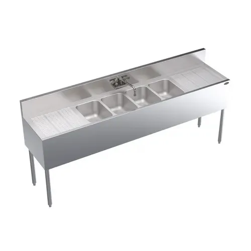Krowne Metal Krowne Metal KR19-74C Underbar Sink Unit, 4 Compartment, Stainless and Galvanized Steel, with 6-1/2"H Backsplash and 2 Drainboards / Faucet Included - 84"W x 19"D