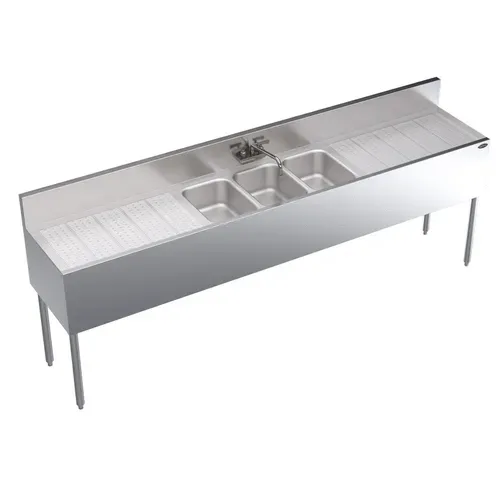Krowne Metal Krowne Metal KR19-83C Underbar Sink Unit, 3 Compartment, Stainless and Galvanized Steel, with 6-1/2"H Backsplash and 2 Drainboards / Faucet Included - 96"W x 19"D
