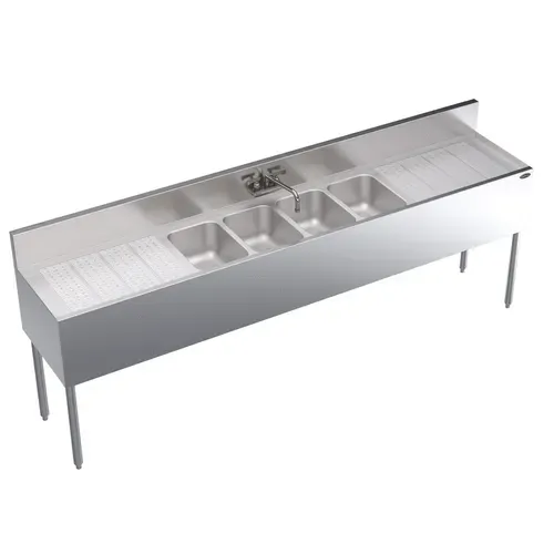 Krowne Metal Krowne Metal KR19-84C Underbar Sink Unit, 4 Compartment, Stainless and Galvanized Steel, with 6-1/2"H Backsplash and 2 Drainboards / Faucet Included - 96"W x 19"D