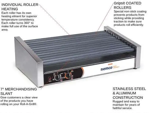 NEMCO 8027SX-SLT-220 Roll-A-Grill® 22.25'' Slanted Top Countertop Hot Dog Roller Grill with Individual Controls, 220 Volts