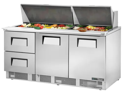 True True TFP-72-30M-D-2 72.13'' 2 Door 2 Drawer Counter Height Mega Top Refrigerated Sandwich / Salad Prep Table