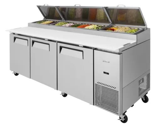 Turbo Air TPR-93SD-N 93.38'' 3 Door Counter Height Refrigerated Pizza Prep Table