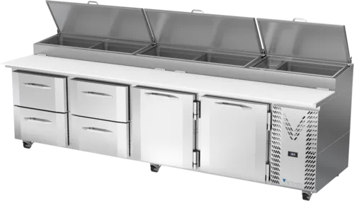 Victory Refrigeration VPPD119HC-4 119.00'' 2 Door 4 Drawer Counter Height Refrigerated Pizza Prep Table