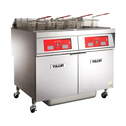 Vulcan 2ER50AF Two 50 lb. Full Frypots Electric Floor Fryer with Analog Controls and KleenScreen PLUS® Filter System, 208 Volts