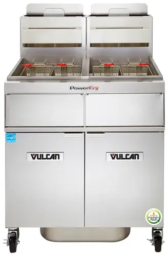 Vulcan 2TR65AF PowerFry3™ (2) 65-70 lb. Fryers Gas Floor Fryer with Solid State Controls and KleenScreen PLUS® Filtration System, 120 Volts - 160,000 BTU