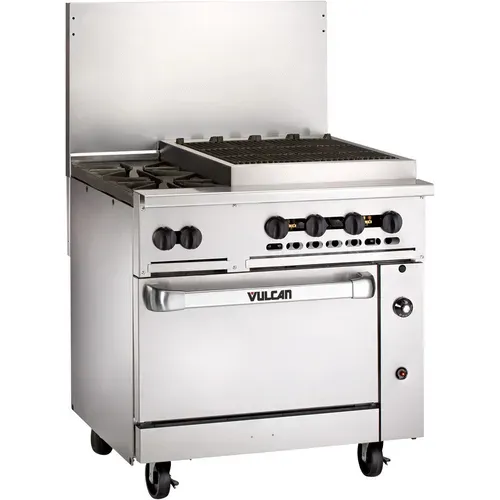 Vulcan 36C-2B24CBN Restaurant Gas Range, with 2 Burners (1) 24" Charbroiler and Convection oven - 135,000 BTU