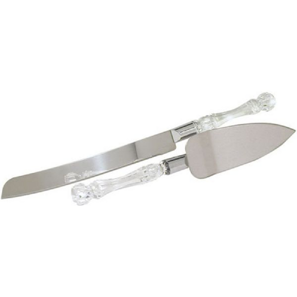 WEDDING CAKE KNIFE SET 2 PIECE CRYSTAL CUT HANDLES